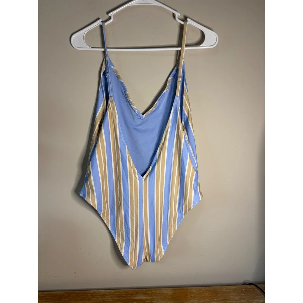 Aerie Real Good‎ Blue Tan Striped Scoop One Piece Swimsuit XL UPF 50 Ribbed